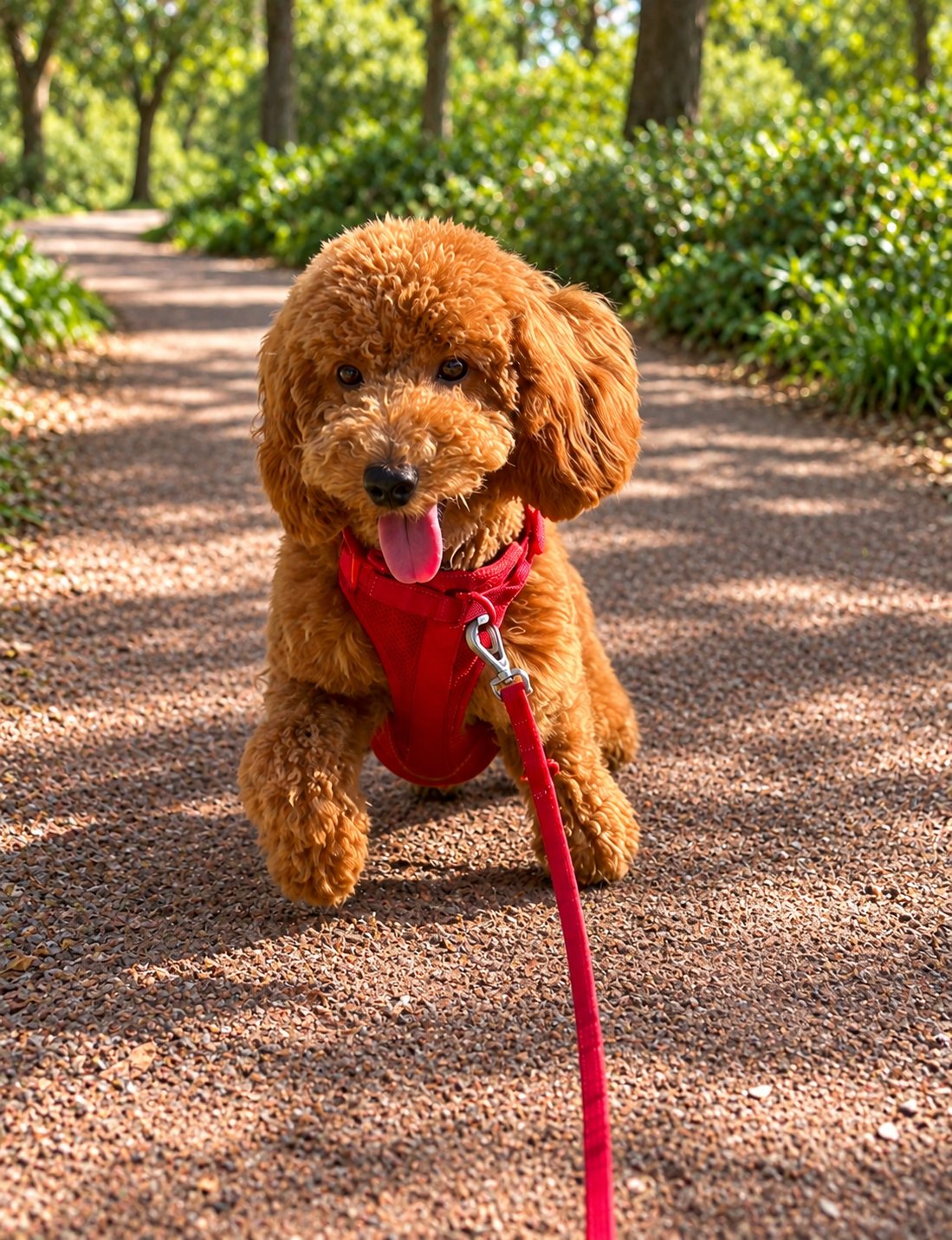 Poodle running in the park wearing the red EverPaw harness and leash set