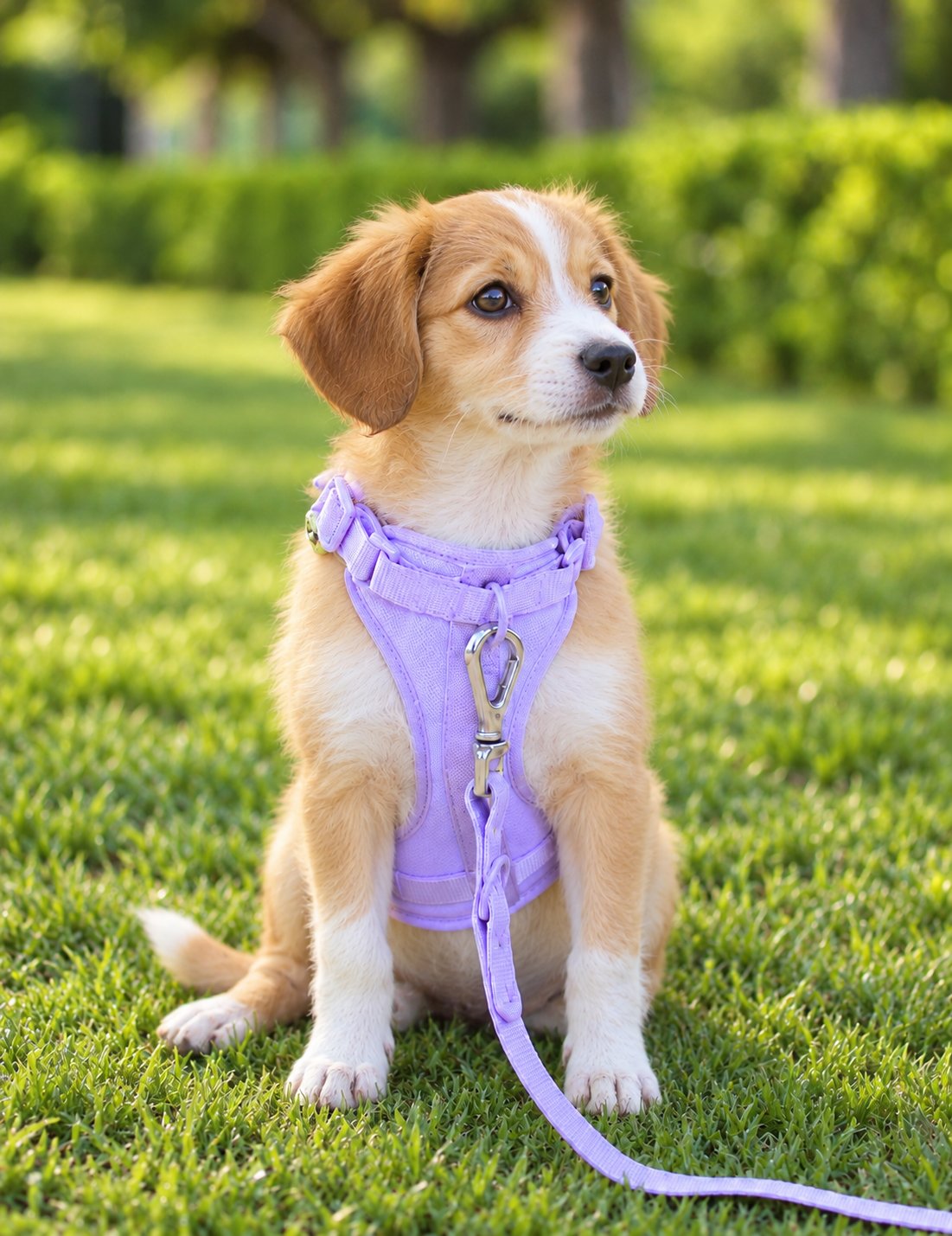 Puppy on grass wearing the purple EverPaw cushioned vest harness
